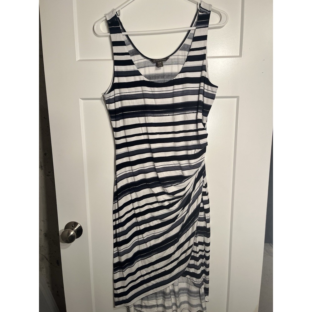 Tommy Bahama Ruched Faux Wrap Dress Womens Medium M Blue Stripe Sleeveless Knit